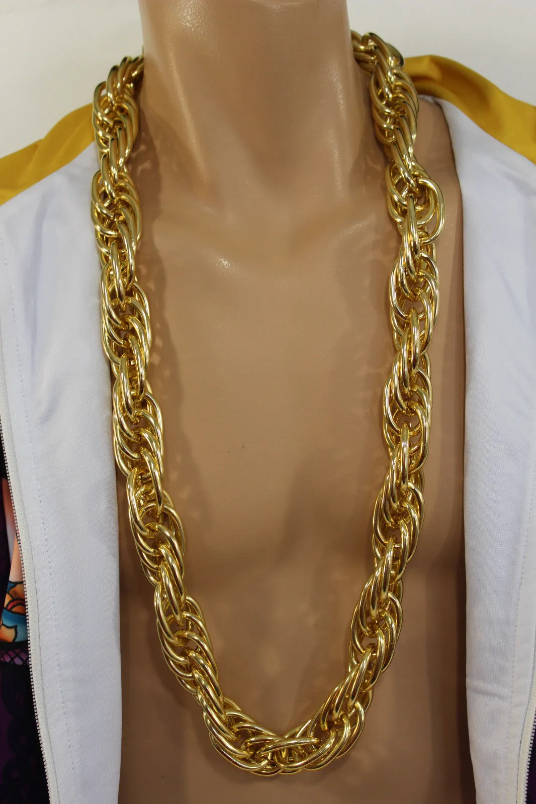 Double Chain Link Chunky Gold Metal Long Necklace
