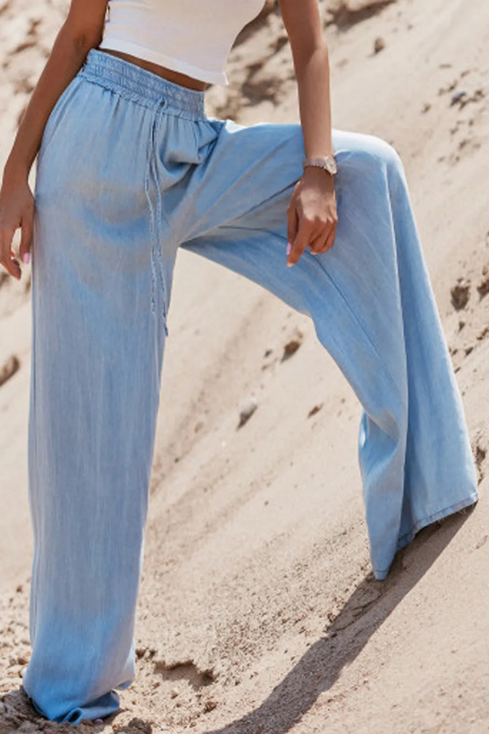 Drawstring Elastic Waist Wide Leg Jeans