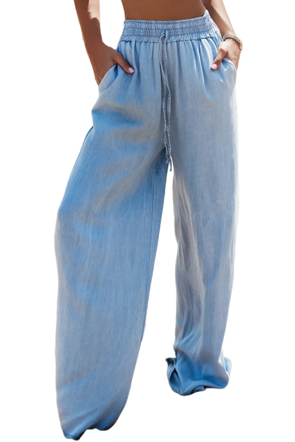 Drawstring Elastic Waist Wide Leg Jeans