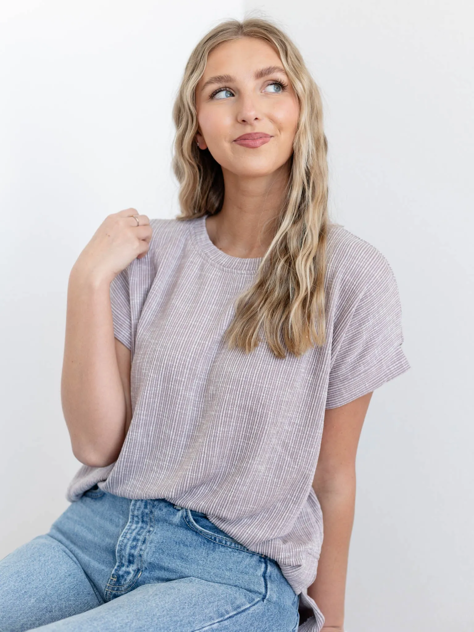 Drop Shoulder Short Sleeve Rib Knit Top
