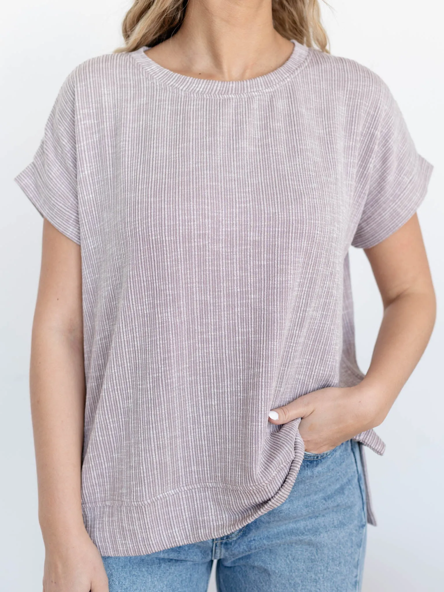Drop Shoulder Short Sleeve Rib Knit Top