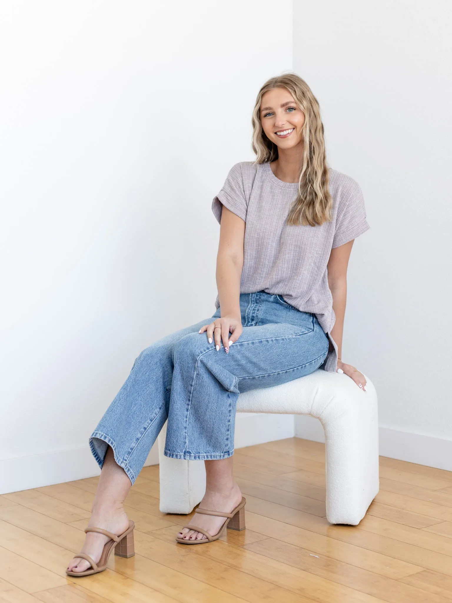 Drop Shoulder Short Sleeve Rib Knit Top