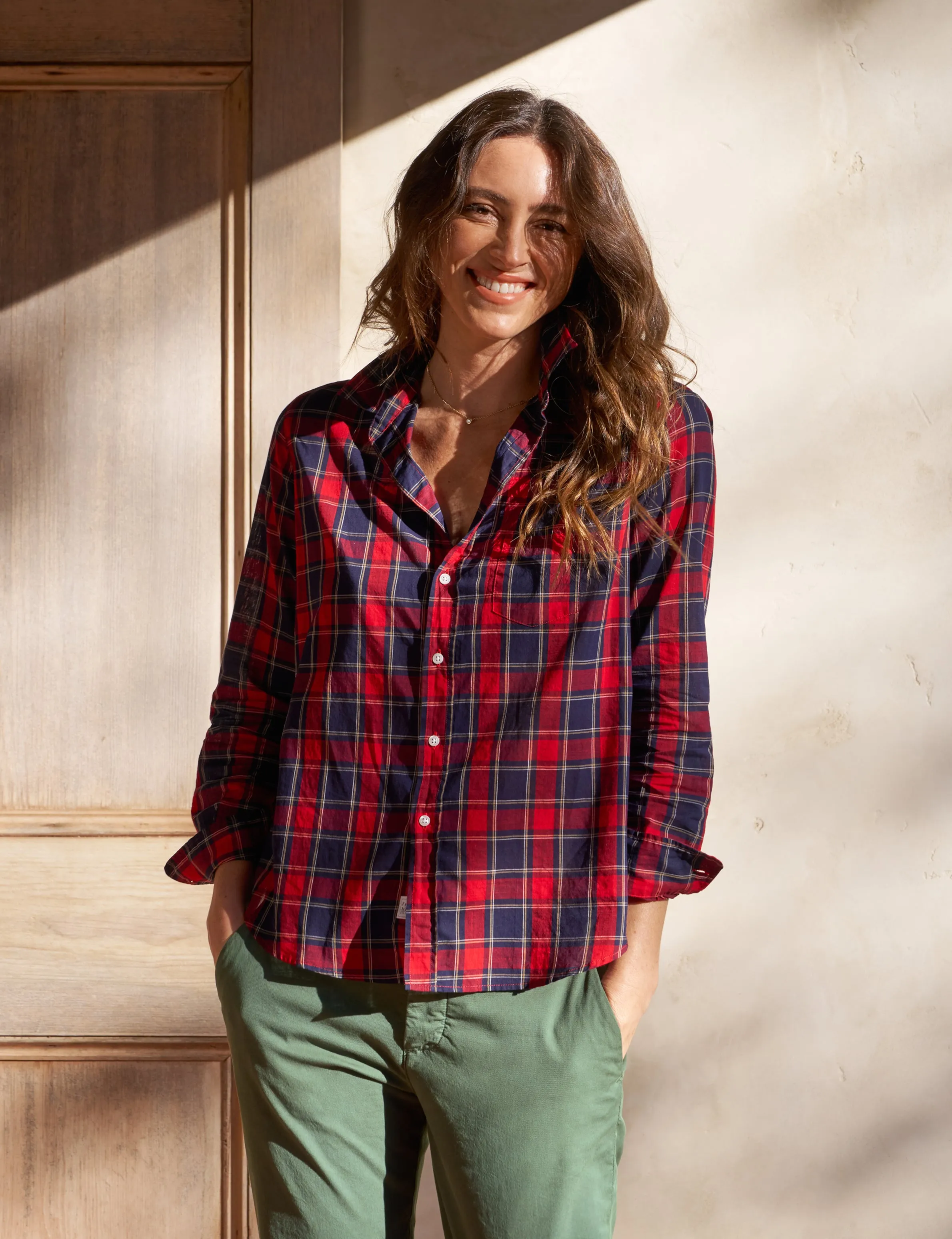 EILEEN Red and Navy with White Plaid, Italian Flannel