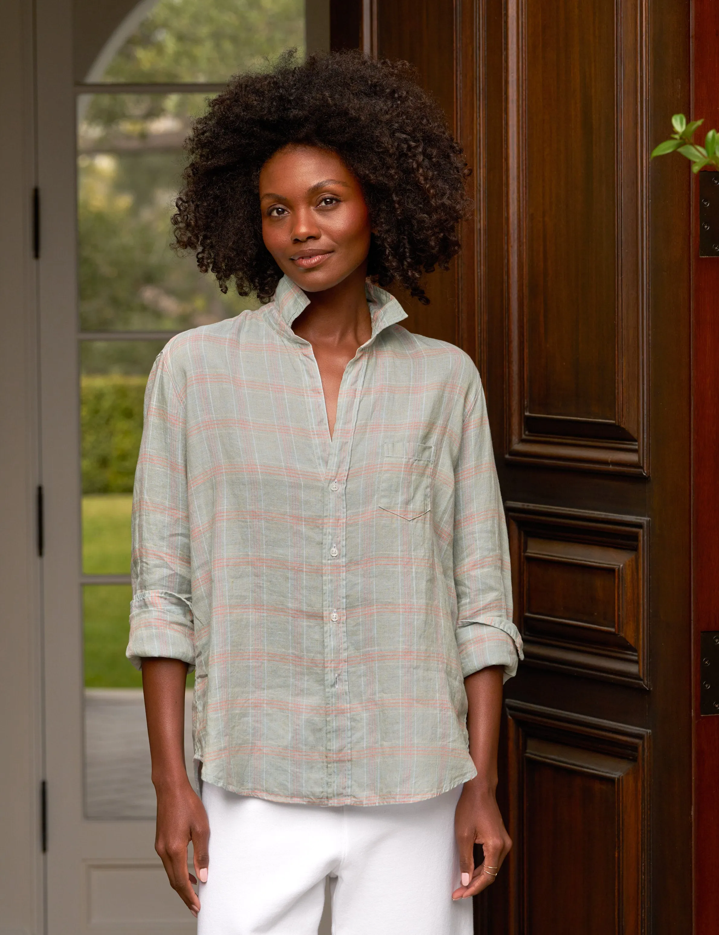 EILEEN Seafoam and Pink Plaid, Italian Classic Linen