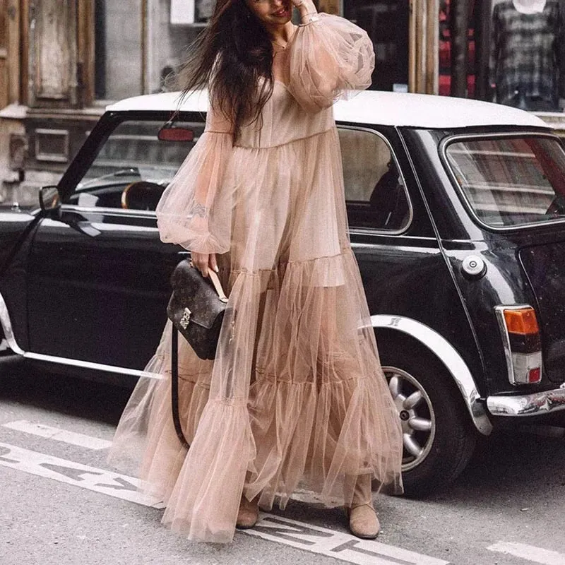 Elegant Vintage Lace Fairy Dress Long Sleeve Long Chic Party Dress