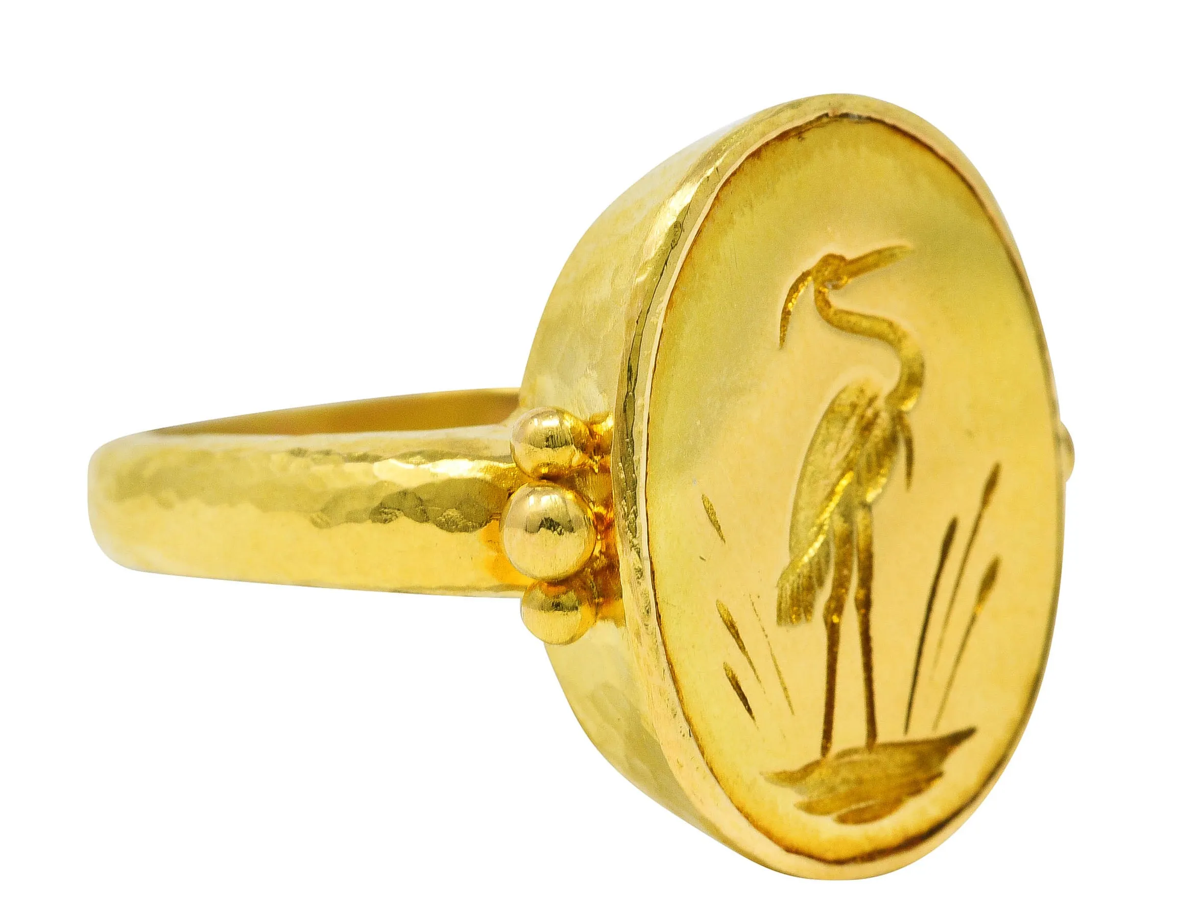Elizabeth Locke Contemporary 19 Karat Yellow Gold Intaglio Crane Signet Ring