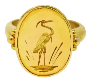Elizabeth Locke Contemporary 19 Karat Yellow Gold Intaglio Crane Signet Ring