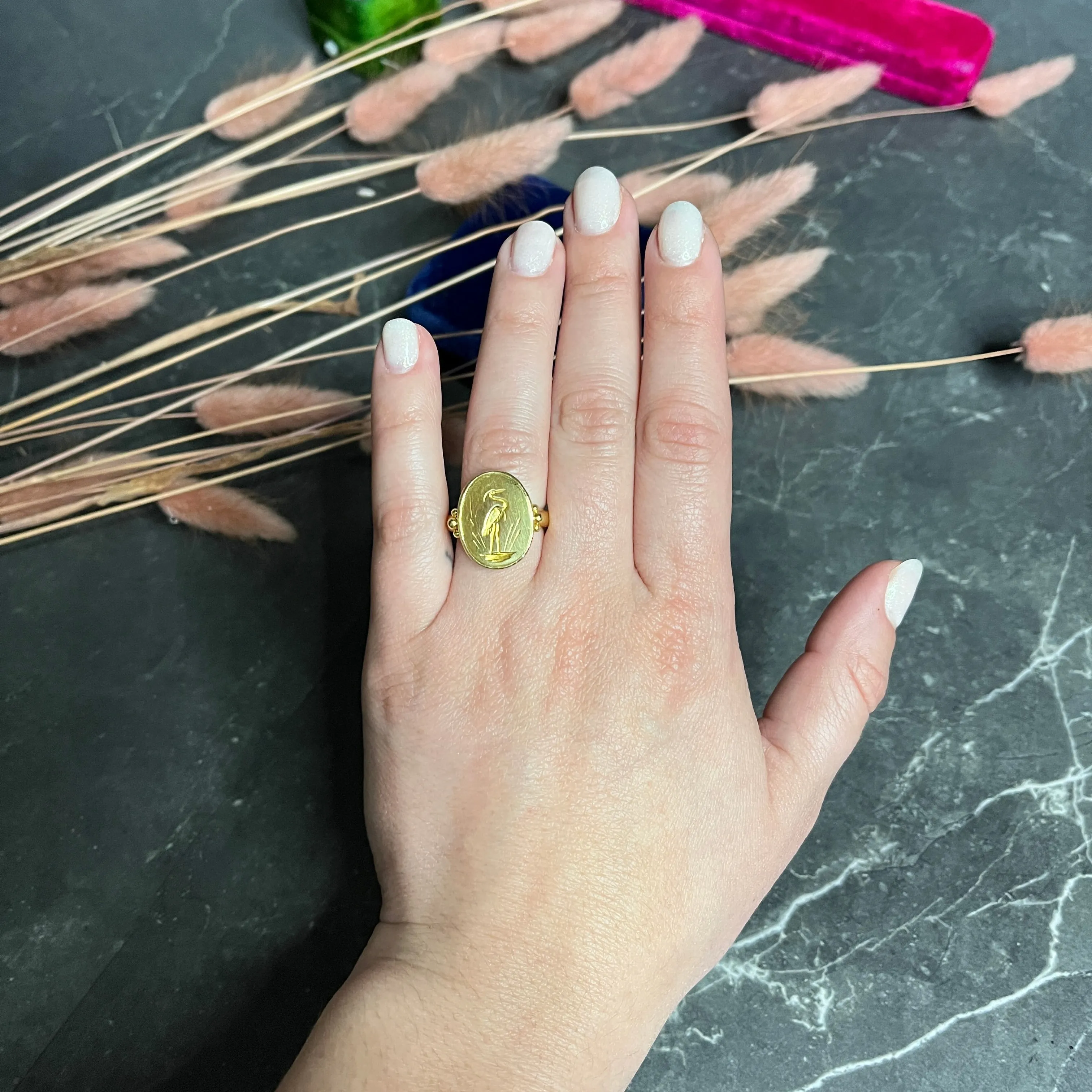 Elizabeth Locke Contemporary 19 Karat Yellow Gold Intaglio Crane Signet Ring