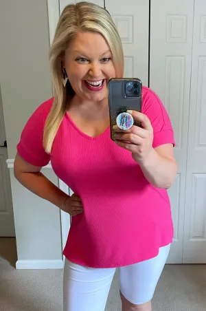 Essential Ribbed Tee in Hot Pink