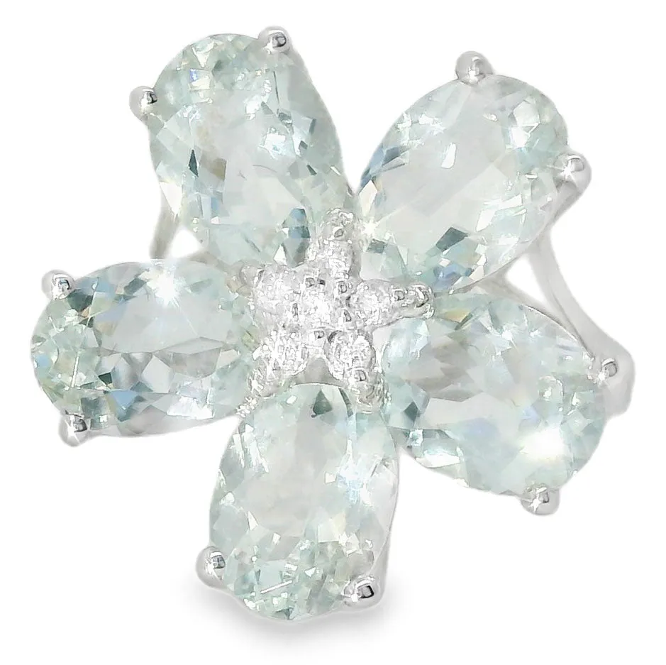 Fabulous 18K White Gold Diamond Aquamarine Floral Ring