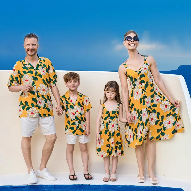 Family Matching Shirt and Dress Set: Yellow Floral for a Springtime Look