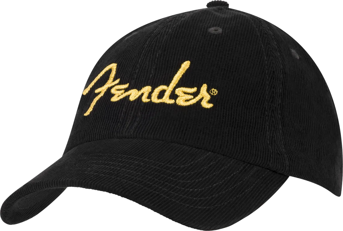 Fender® Gold Spaghetti Logo Corduroy Baseball Hat, Black, One Size
