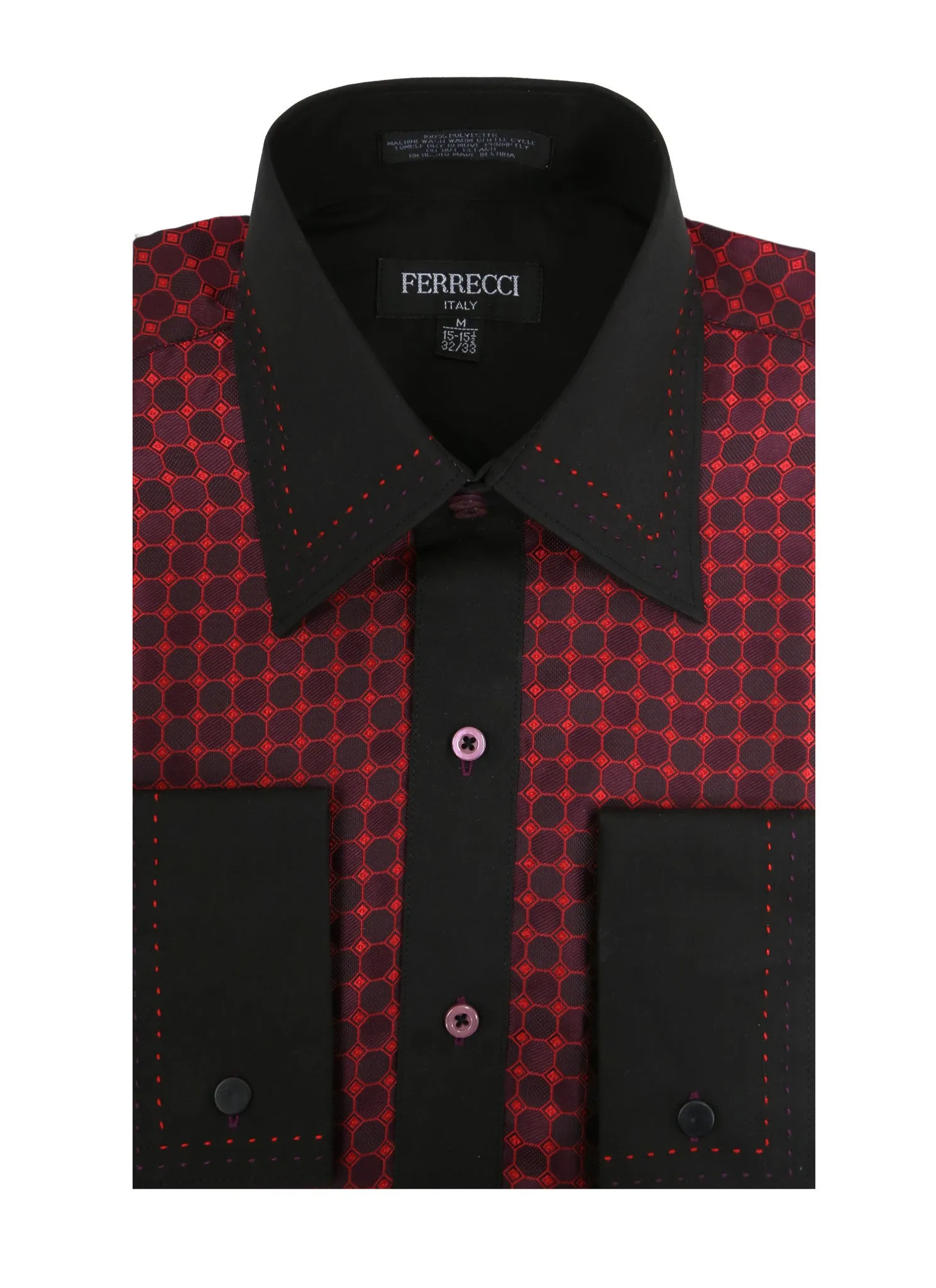Ferrecci Men's Satine Hi-1023 Burgundy Red and Black Circle Pattern Button Down Dress Shirt