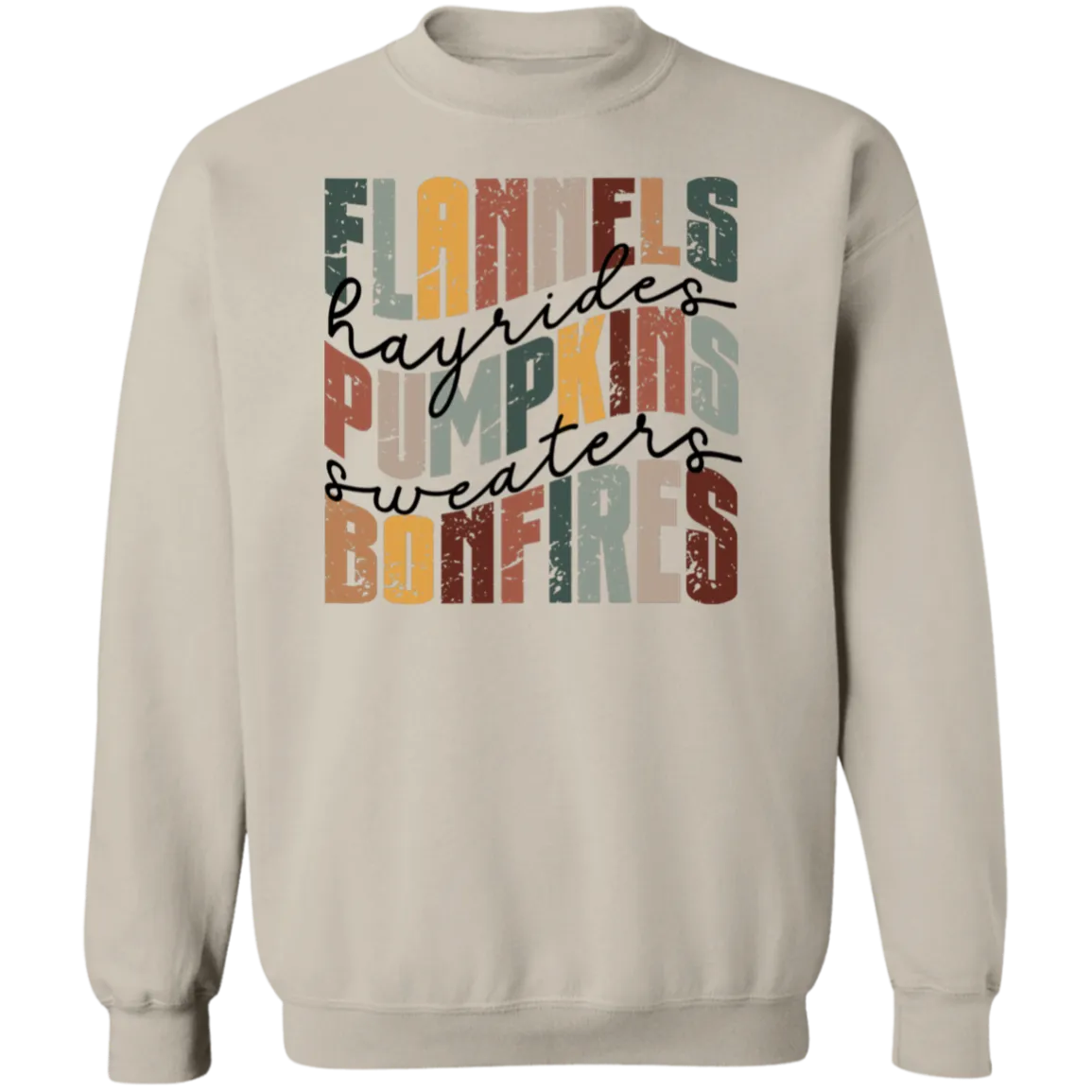 Flannels, Hayrides, and Bonfires Gildan Crewneck Sweatshirt – Embrace the Autumn Spirit!