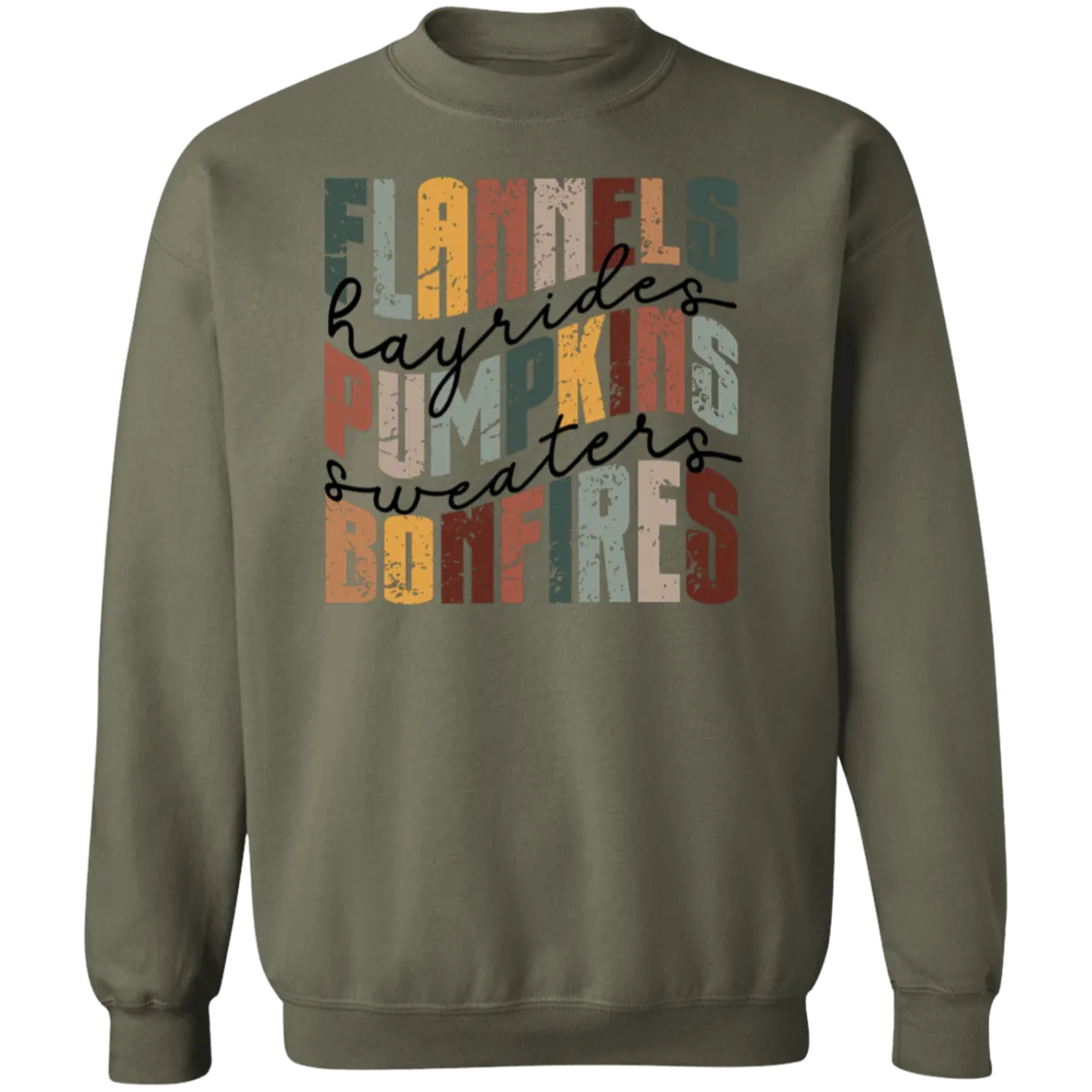 Flannels, Hayrides, and Bonfires Gildan Crewneck Sweatshirt – Embrace the Autumn Spirit!