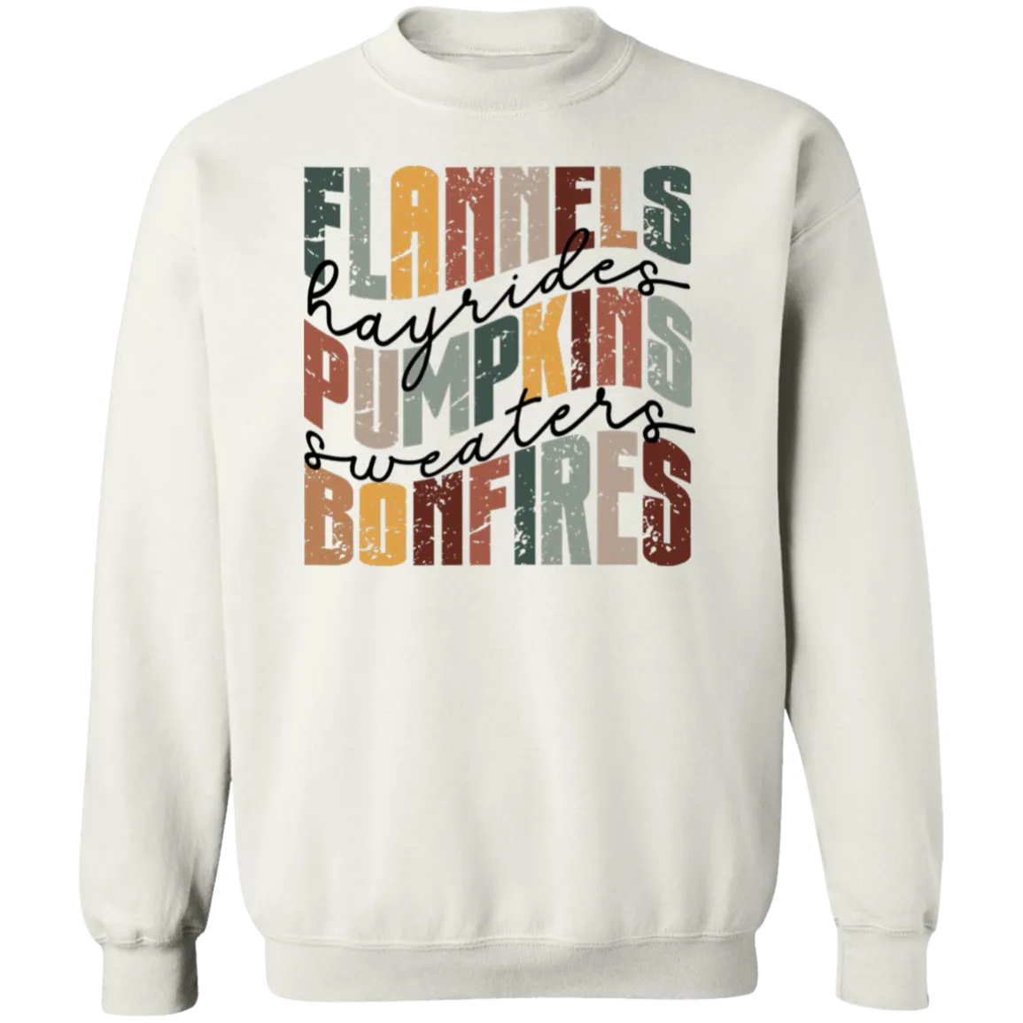 Flannels, Hayrides, and Bonfires Gildan Crewneck Sweatshirt – Embrace the Autumn Spirit!