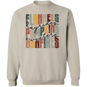 Flannels, Hayrides, and Bonfires Gildan Crewneck Sweatshirt – Embrace the Autumn Spirit!