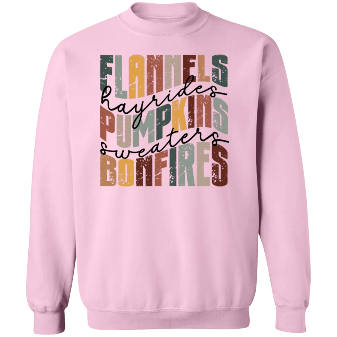 Flannels, Hayrides, and Bonfires Gildan Crewneck Sweatshirt – Embrace the Autumn Spirit!