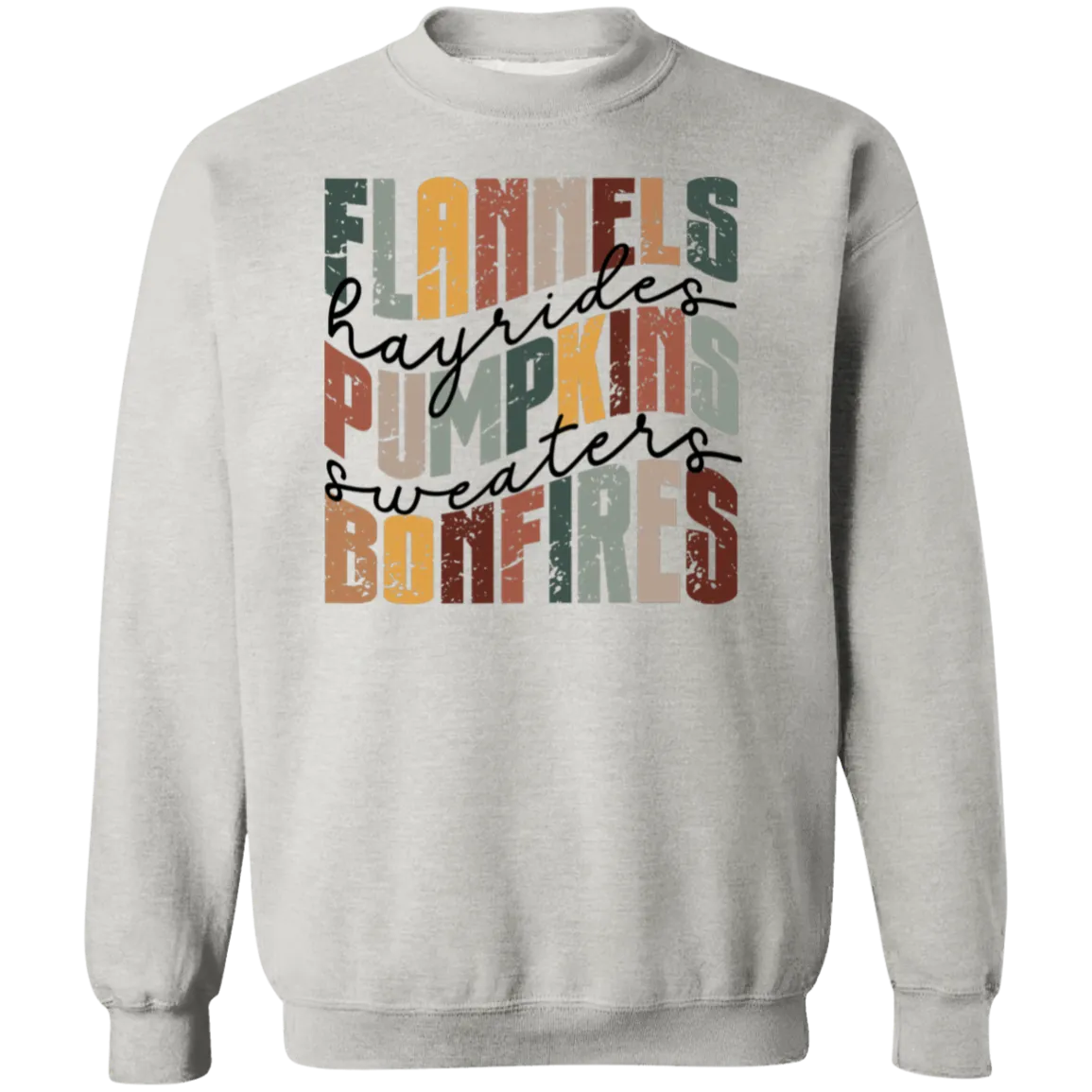 Flannels, Hayrides, and Bonfires Gildan Crewneck Sweatshirt – Embrace the Autumn Spirit!
