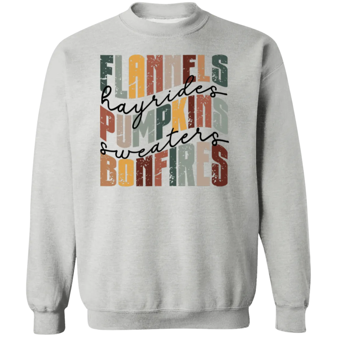 Flannels, Hayrides, and Bonfires Gildan Crewneck Sweatshirt – Embrace the Autumn Spirit!