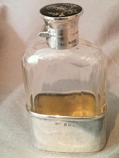 Flask Antique Sterling Silver Inlaid Bayonet Cap with Beveled Glass