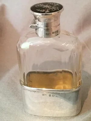 Flask Antique Sterling Silver Inlaid Bayonet Cap with Beveled Glass