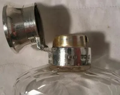 Flask Antique Sterling Silver Inlaid Bayonet Cap with Beveled Glass