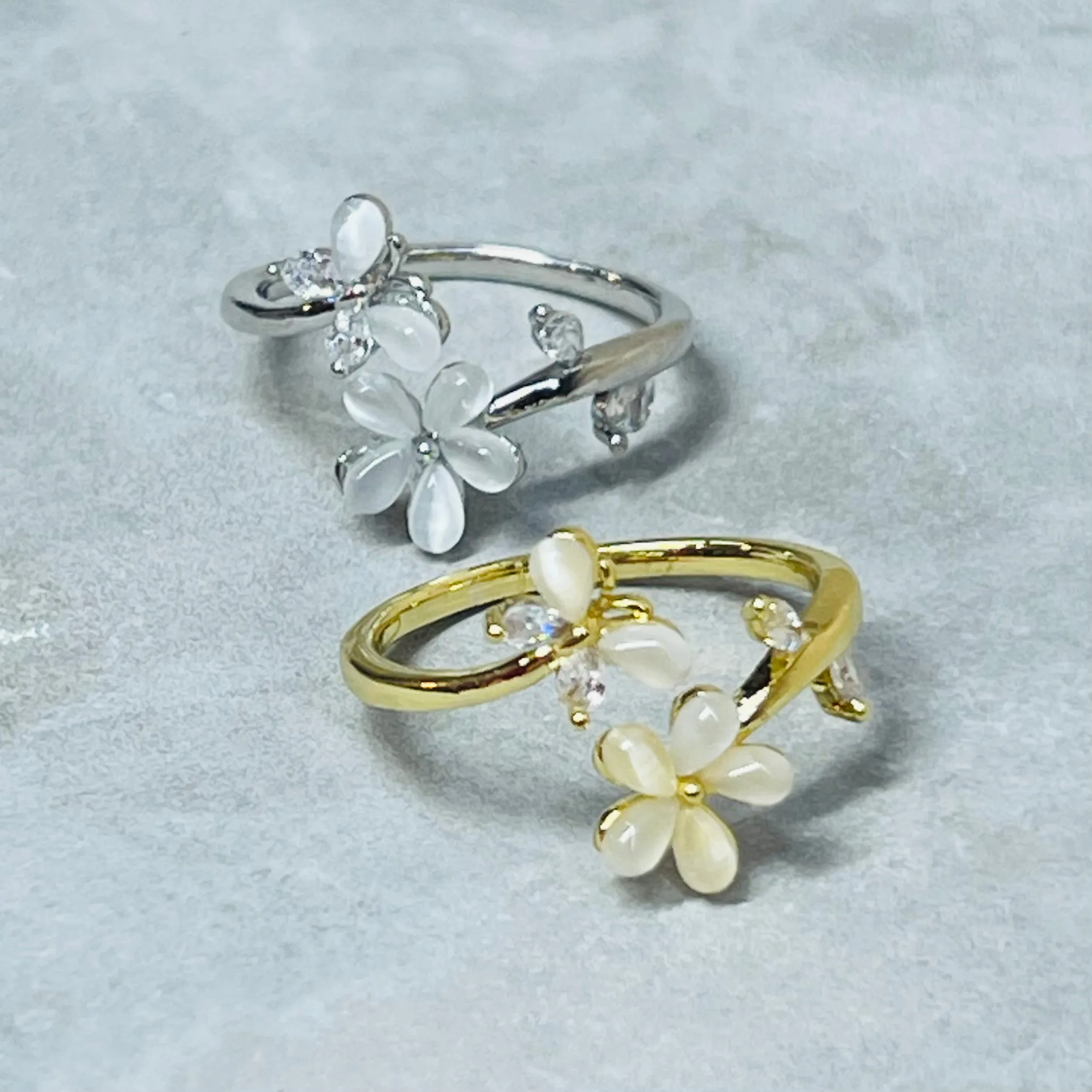 Flower and Butterfly Sparkling Gemstone Adjustable Ring Gift