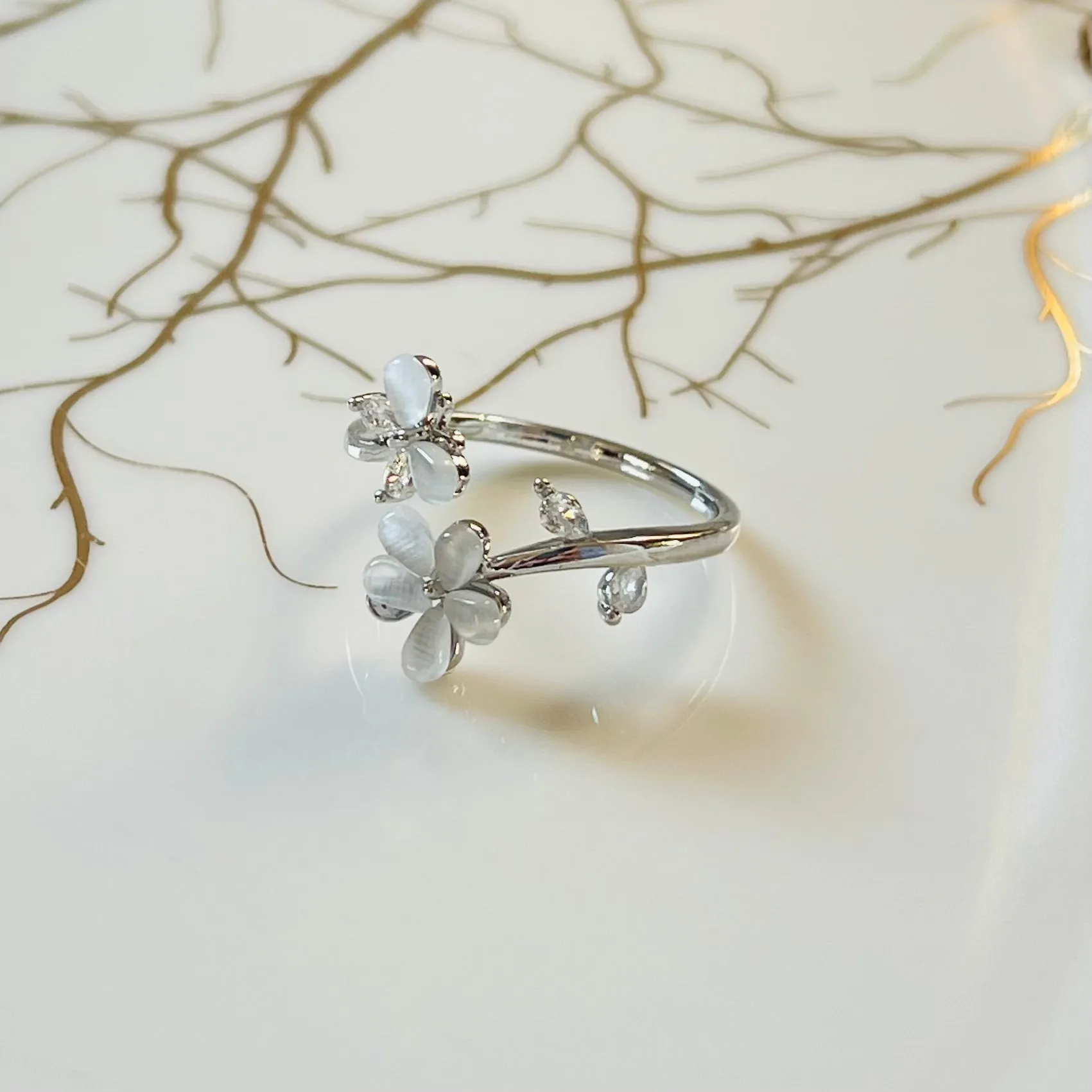 Flower and Butterfly Sparkling Gemstone Adjustable Ring Gift