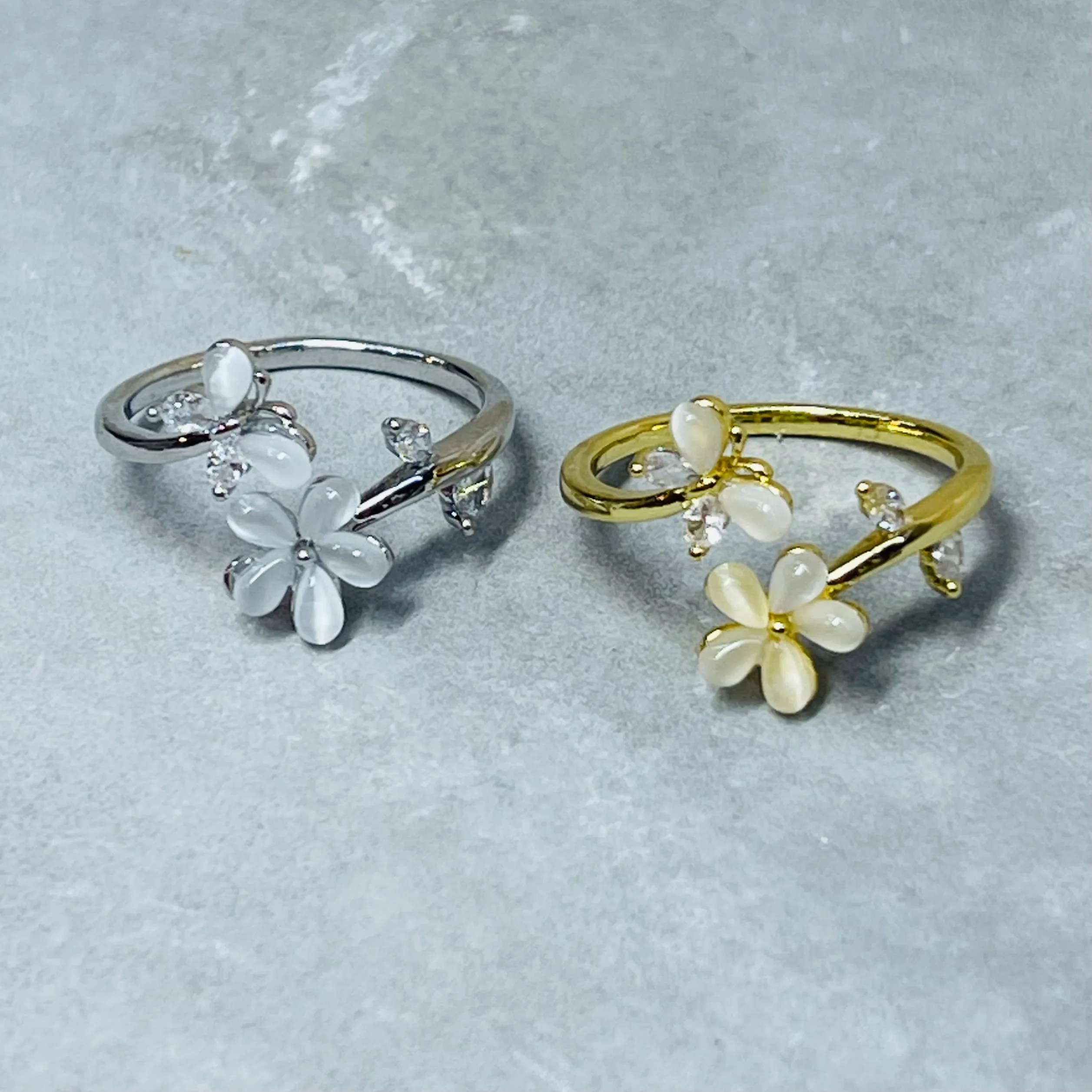 Flower and Butterfly Sparkling Gemstone Adjustable Ring Gift