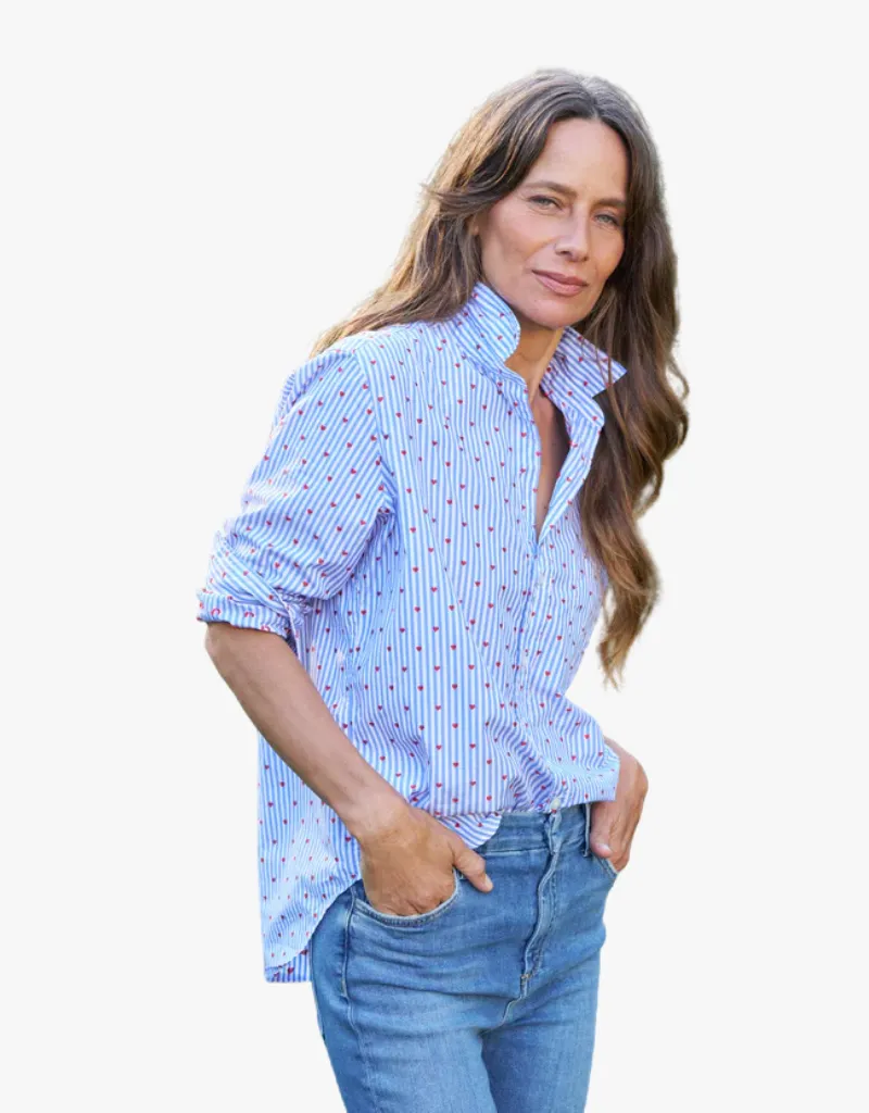 Frank & Eileen Relaxed Button up Shirt in Blue Stripe with Red Hearts (Italian Cotton)