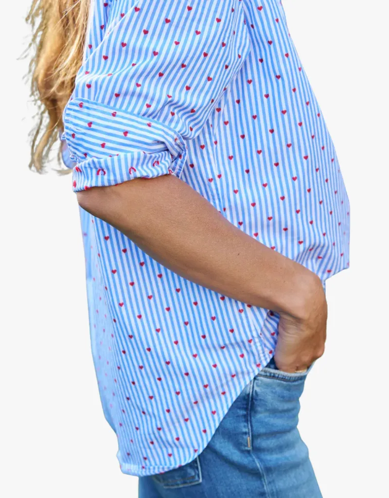 Frank & Eileen Relaxed Button up Shirt in Blue Stripe with Red Hearts (Italian Cotton)