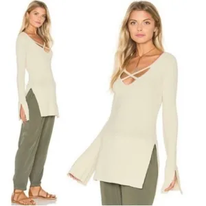 Free People Crisscross Tunic Sweater Womens Medium Beige Split Hem Neutral