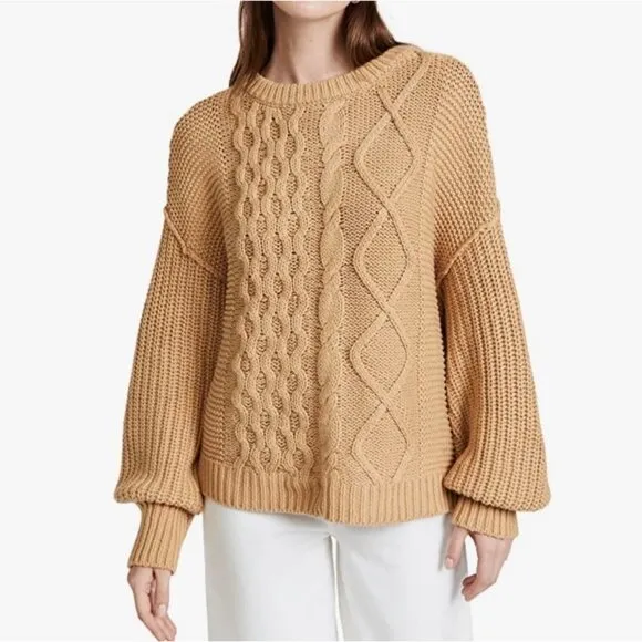 Free People Dream Mixed Knit Chunky Oversized Sweater in Camel Size Large