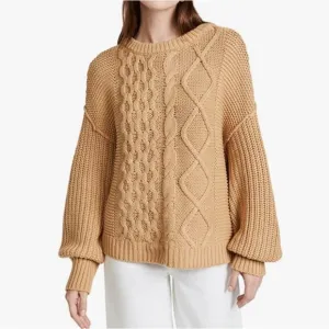 Free People Dream Mixed Knit Chunky Oversized Sweater in Camel Size Large