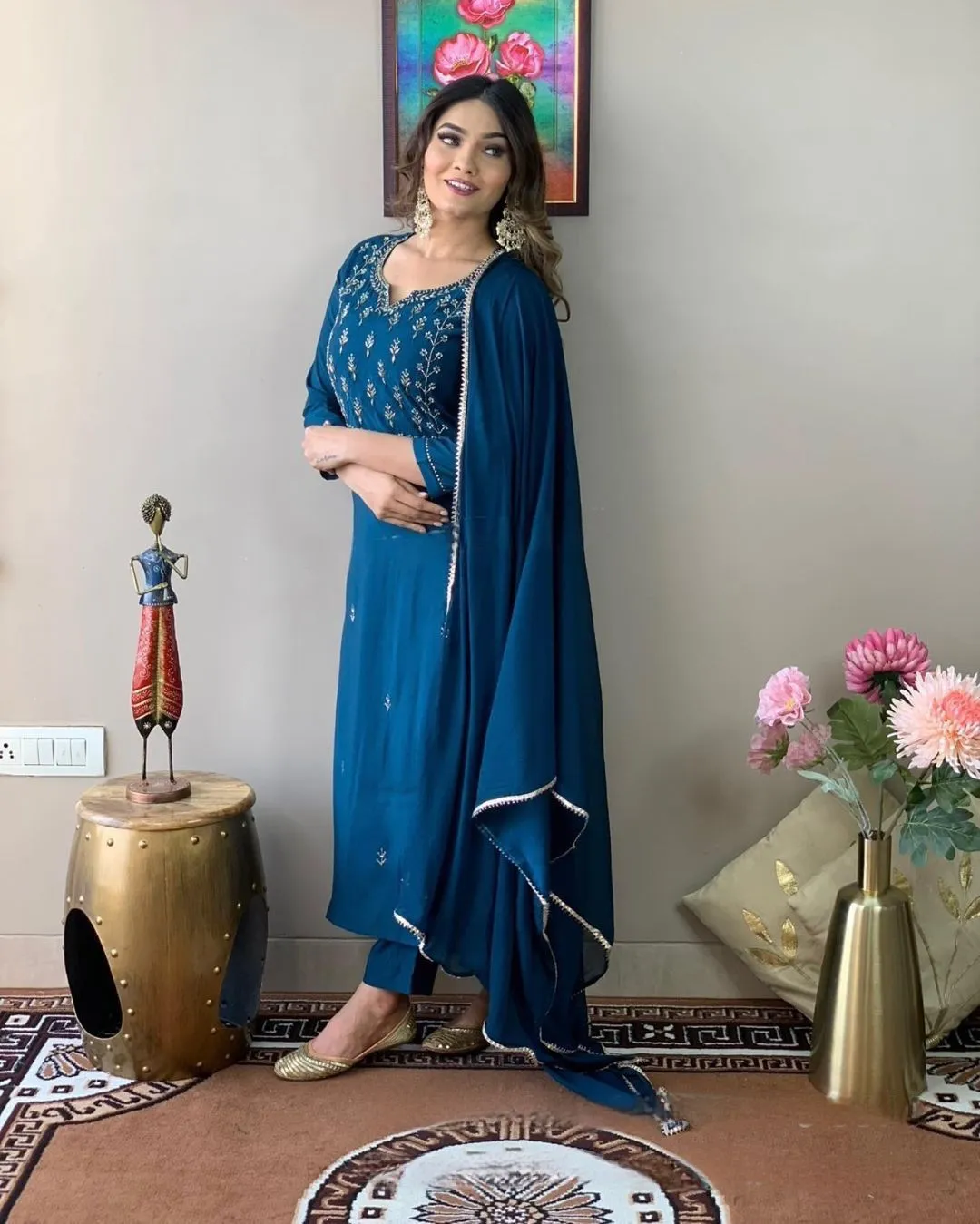 FRILLFIT : Blue Embroidered Salwar Suit Set for Women – Ethnic Wear with Dupatta