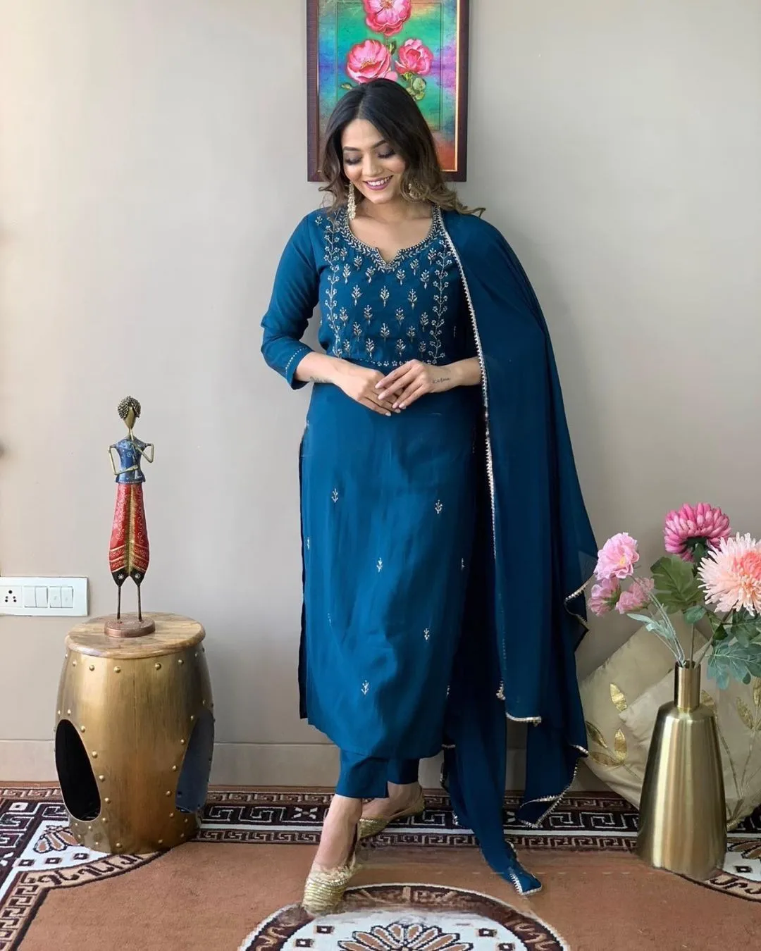 FRILLFIT : Blue Embroidered Salwar Suit Set for Women – Ethnic Wear with Dupatta