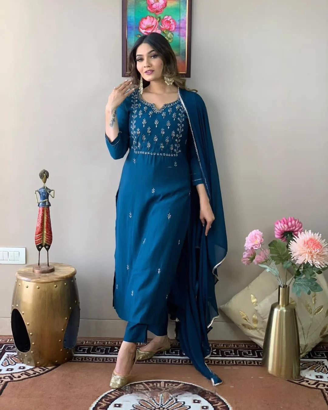 FRILLFIT : Blue Embroidered Salwar Suit Set for Women – Ethnic Wear with Dupatta