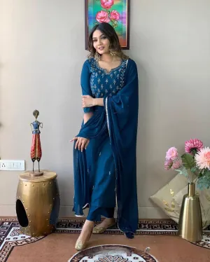 FRILLFIT : Blue Embroidered Salwar Suit Set for Women – Ethnic Wear with Dupatta