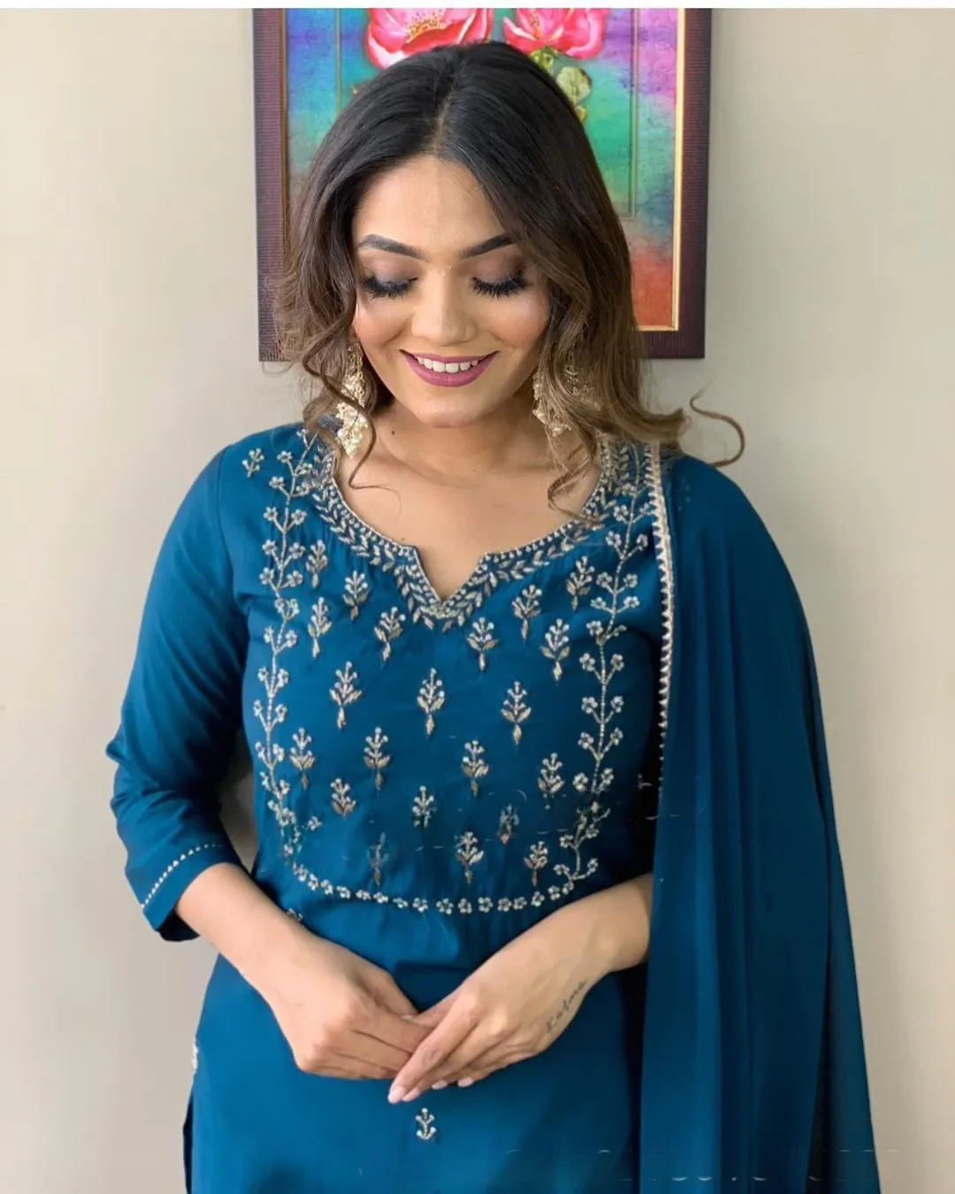 FRILLFIT : Blue Embroidered Salwar Suit Set for Women – Ethnic Wear with Dupatta