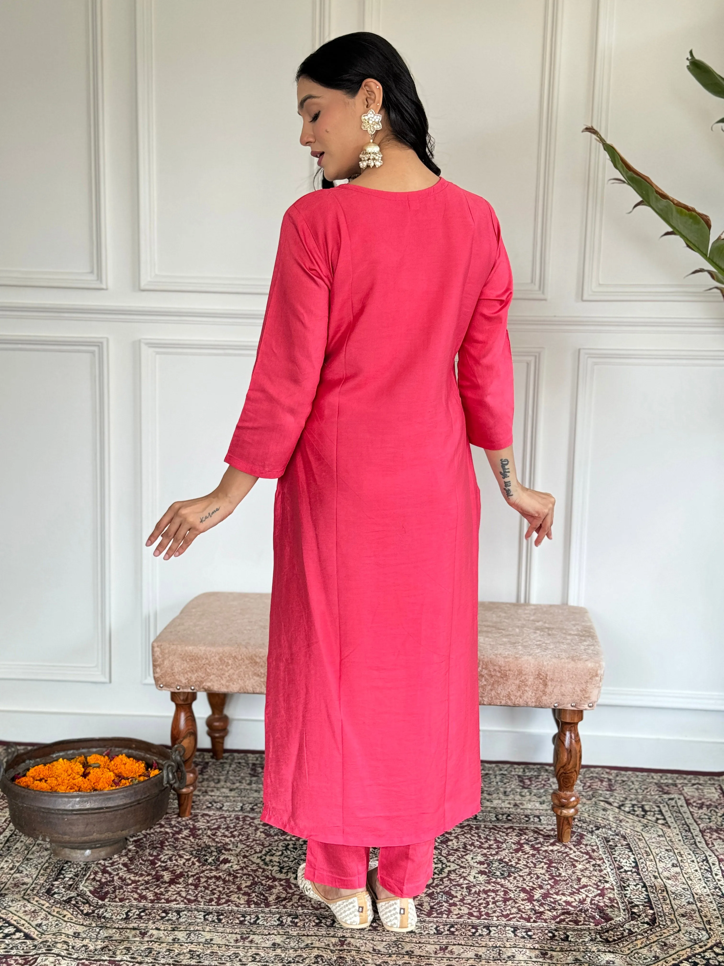 FRILLFIT : Graceful Rani Pink Embroidered Kurti Set – Festive &amp; Party Wear