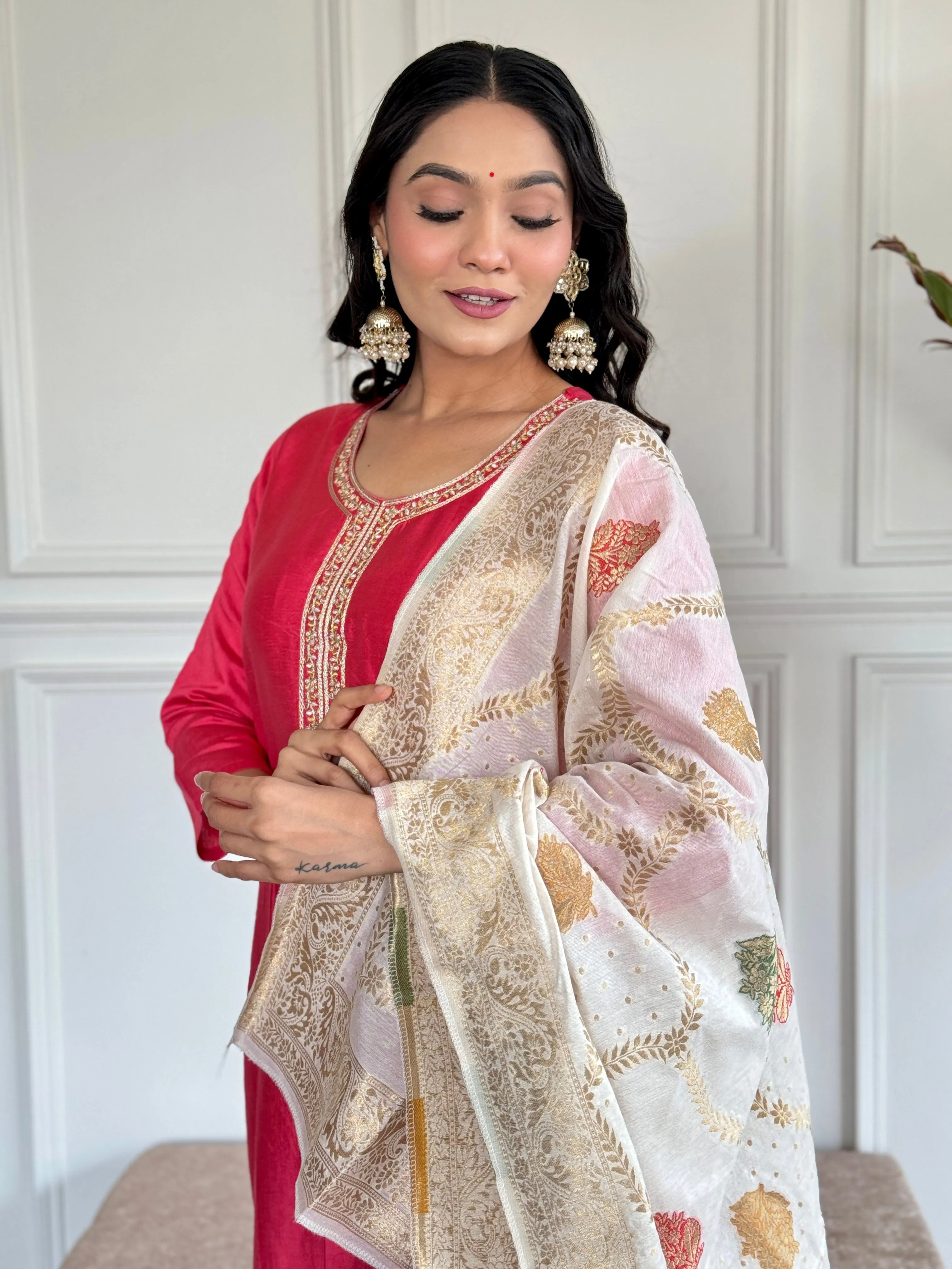 FRILLFIT : Graceful Rani Pink Embroidered Kurti Set – Festive &amp; Party Wear