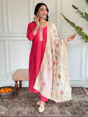 FRILLFIT : Graceful Rani Pink Embroidered Kurti Set – Festive &amp; Party Wear