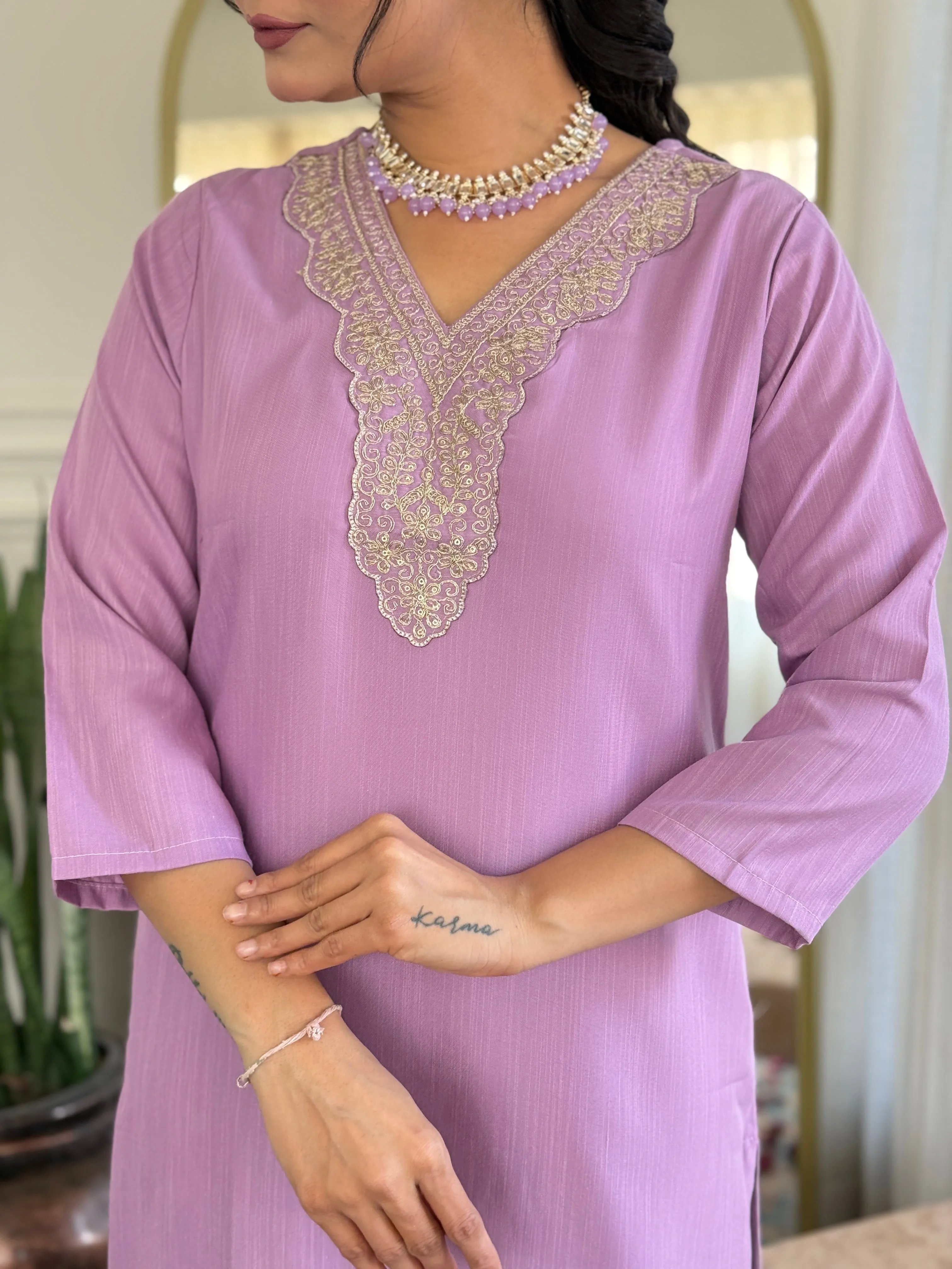 FRILLFIT : Tie-Dye Kurti Set with Embroidered Neckline