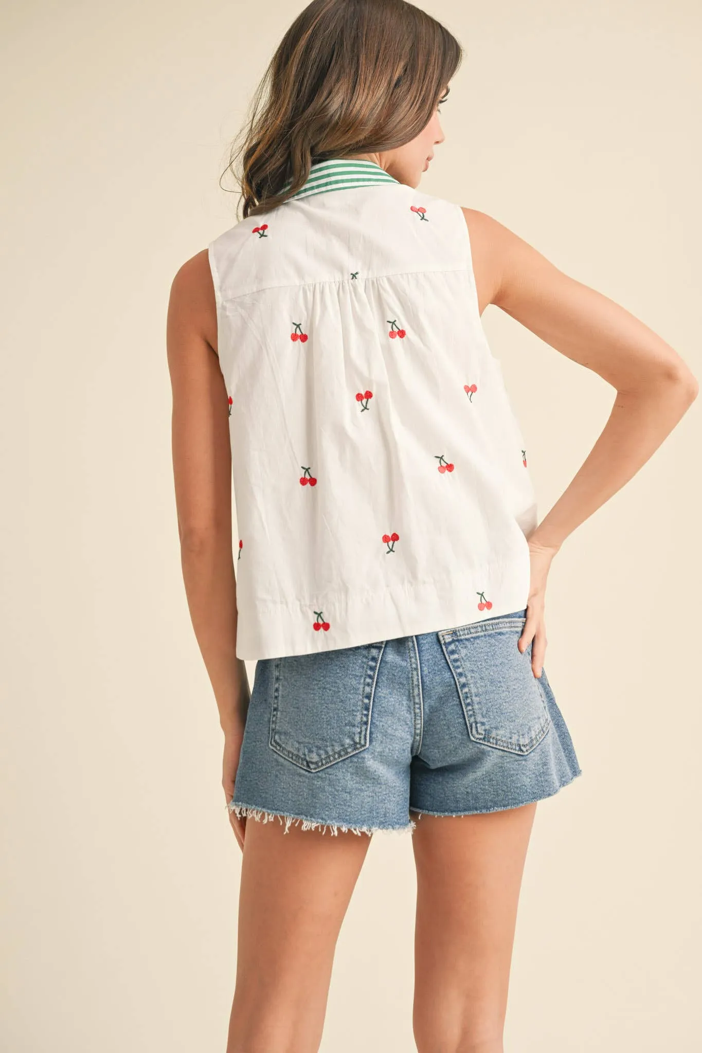 FRUIT EMBROIDERY COLLARED TANK