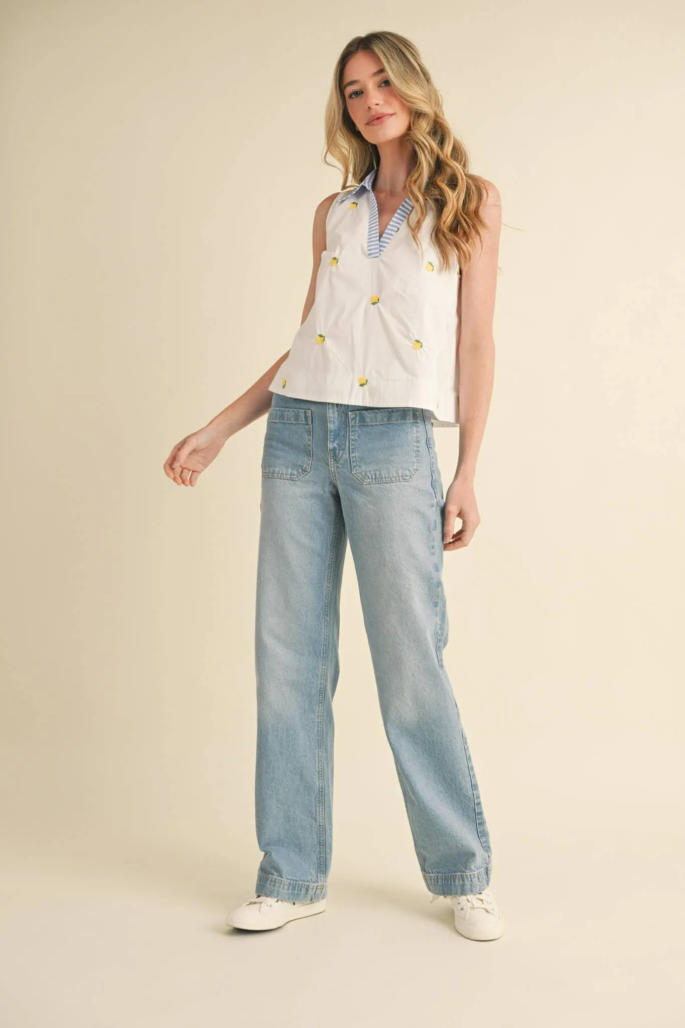 FRUIT EMBROIDERY COLLARED TANK