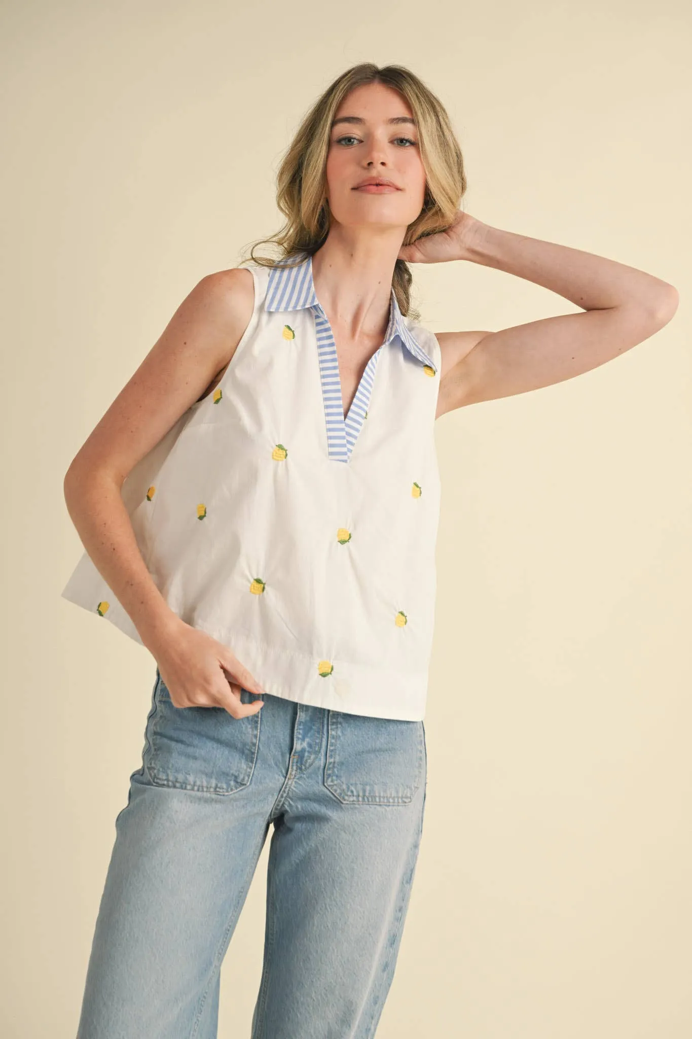 FRUIT EMBROIDERY COLLARED TANK