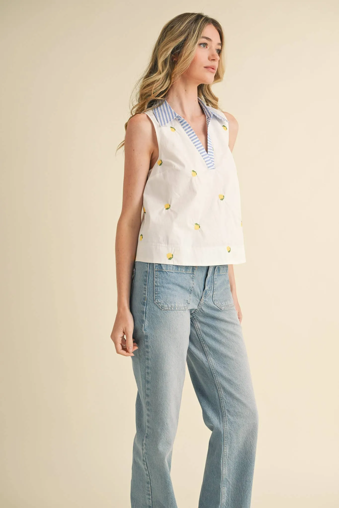 FRUIT EMBROIDERY COLLARED TANK