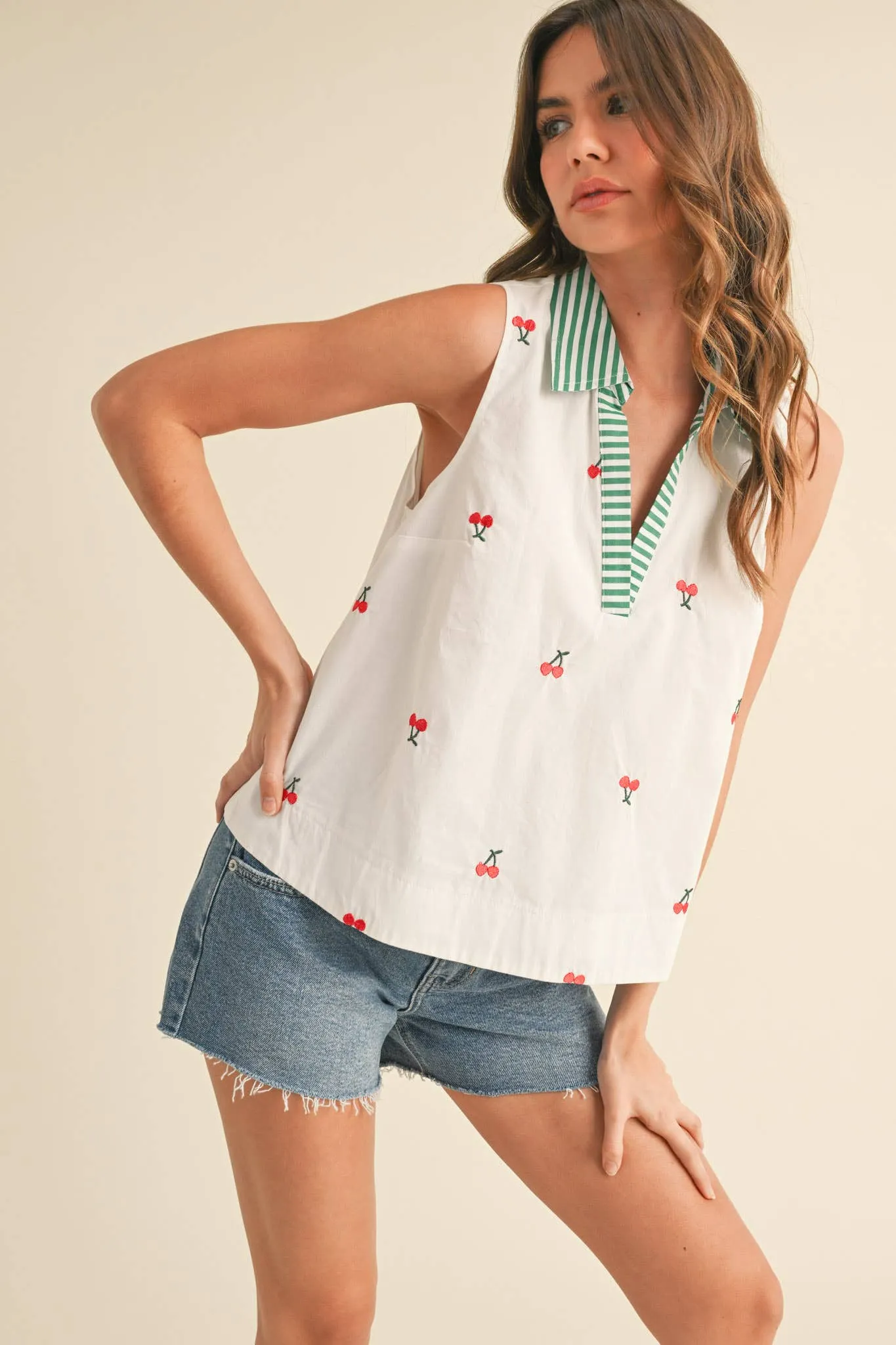 FRUIT EMBROIDERY COLLARED TANK