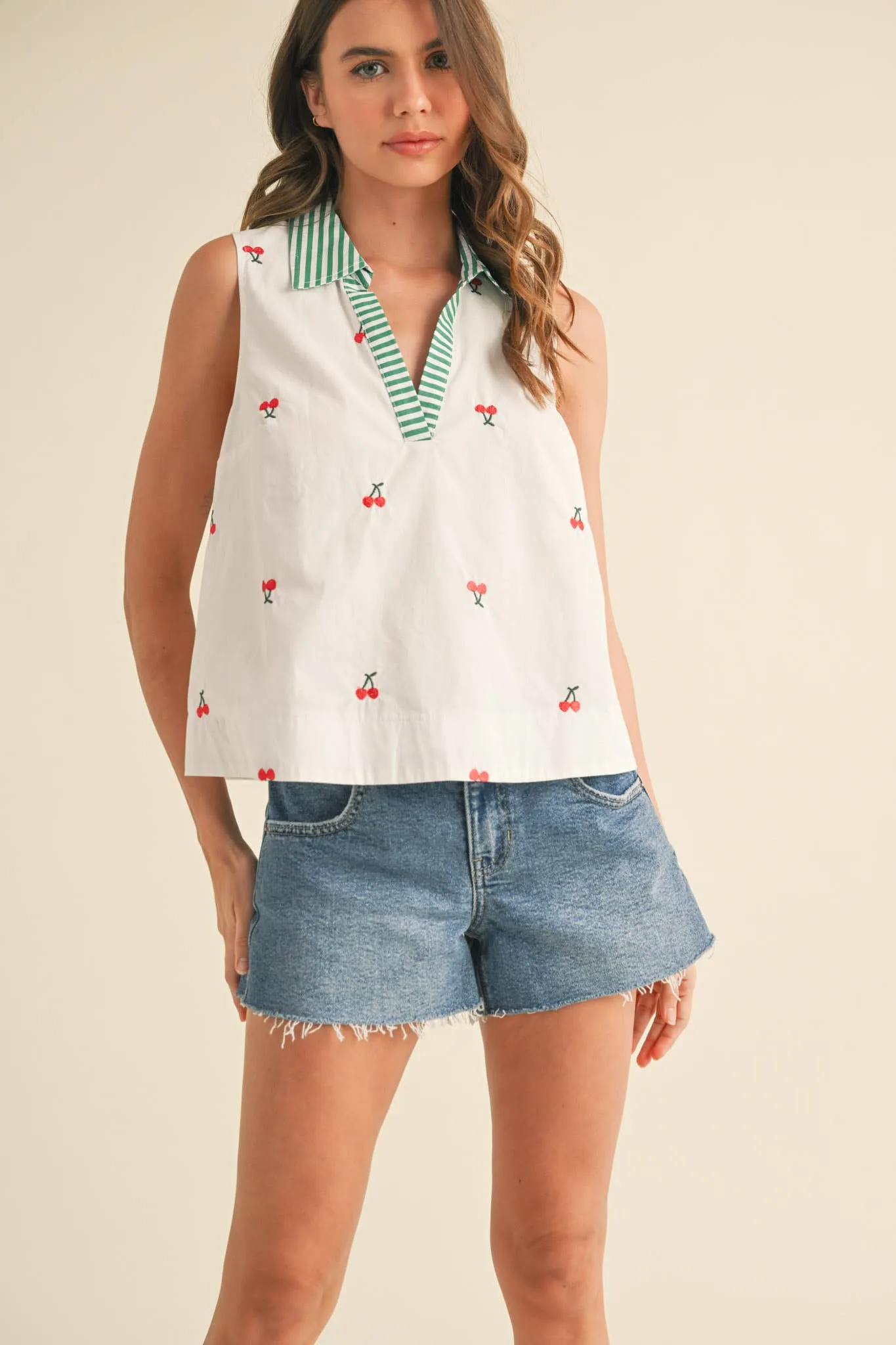 FRUIT EMBROIDERY COLLARED TANK